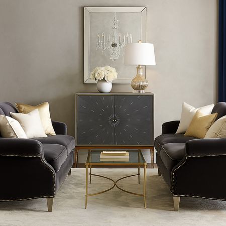 Mała komoda do salonu: elegancja w szaro-złotym stylu