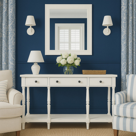 Biała konsola Avola Antique White z szufladami i półką