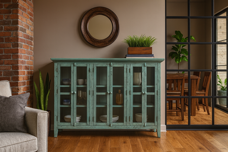 Drewniana komoda prowansalska przecierana z oszklonymi drzwiami - Avola