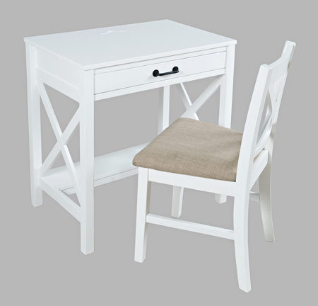 Krzesło tapicerowane w stylu rustykalnym – białe, z krzyżowym oparciem i kremowym siedziskiem