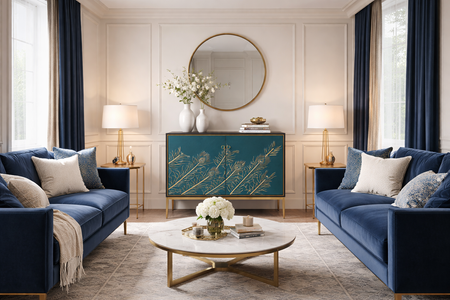 Komoda z turkusowym frontem i wytłoczonym wzorem pawich piór