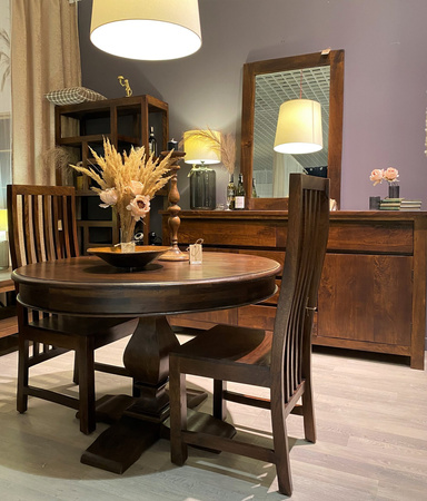 Okrągły stół z drewna mango na jednej nodze 120 cm– ciepły brąz