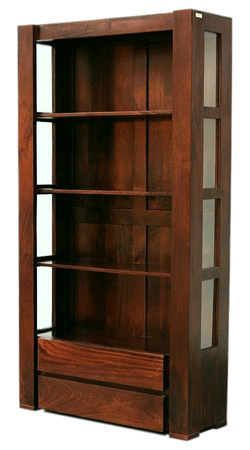 Drewniany regał z półkami i szufladami 100 cm – brąz