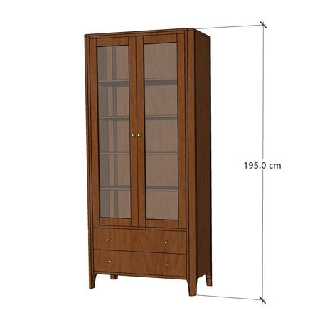 Drewniana, przeszklona witryna indyjska z akacji, z szufladami, 90 cm – kolor jasny orzech