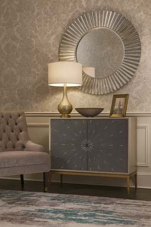 Mała komoda do salonu: elegancja w szaro-złotym stylu