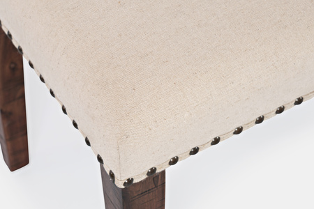 Ławka rustykalna z tapicerką – ciemne drewno, tkanina z ćwiekami, shabby chic