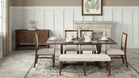 Ławka rustykalna z tapicerką – ciemne drewno, tkanina z ćwiekami, shabby chic