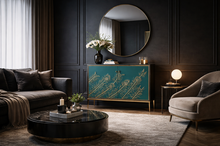 Komoda z turkusowym frontem i wytłoczonym wzorem pawich piór