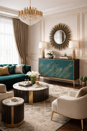 Komoda z turkusowym frontem i wytłoczonym wzorem pawich piór