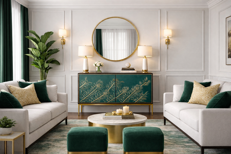 Komoda z turkusowym frontem i wytłoczonym wzorem pawich piór