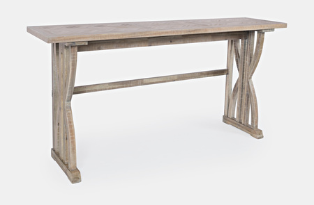 Loftowy stół barowy z 3 hokerami – naturalne drewno, beżowa tapicerka, styl vintage