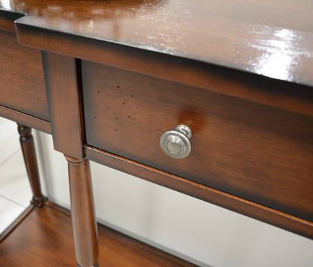 Długa konsola do przedpokoju z szufladami w kolorze mahoniowym