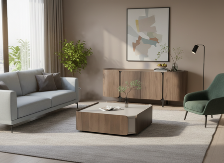 Stolik kawowy z kaszmiru i orzecha włoskiego z 2 szufladami