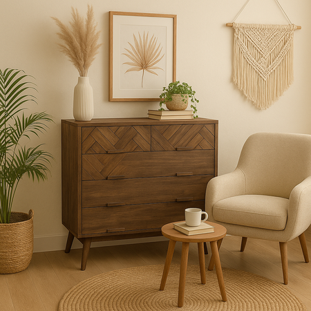 Komoda drewniana retro z akacji z mosiężnymi uchwytami