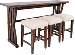 Loftowy stół barowy z intarsją + 3 hokery shabby chic z beżową tapicerką