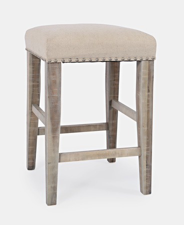 Loftowy stół barowy z 3 hokerami – naturalne drewno, beżowa tapicerka, styl vintage