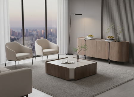 Stolik kawowy z kaszmiru i orzecha włoskiego z 2 szufladami