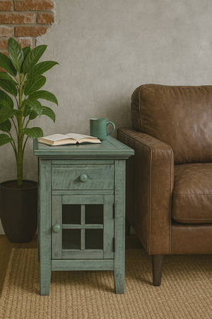 Szafka nocna- Rustykalny turkusowo-miętowy z gniazdem USB