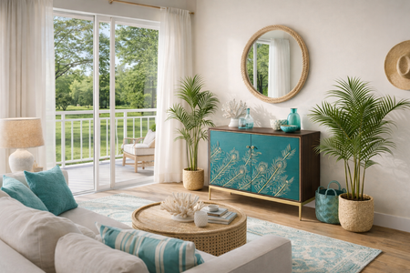 Komoda z turkusowym frontem i wytłoczonym wzorem pawich piór