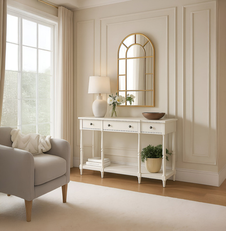 Biała konsola Avola Antique White z szufladami i półką