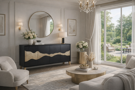 Elegancka komoda czarna z asymetrycznym wzorem - 150 cm