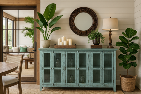 Drewniana komoda prowansalska przecierana z oszklonymi drzwiami - Avola