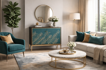 Komoda z turkusowym frontem i wytłoczonym wzorem pawich piór