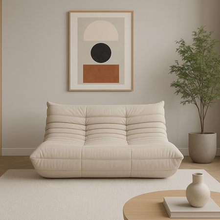 Sofa dwuosobowa, jasnobeżowa – nowoczesna, aksamitna, z przeszyciami