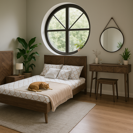 Drewniane łóżko 140 cm – styl vintage z intarsją