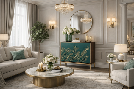 Komoda z turkusowym frontem i wytłoczonym wzorem pawich piór