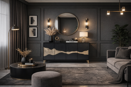 Elegancka komoda czarna z asymetrycznym wzorem - 150 cm