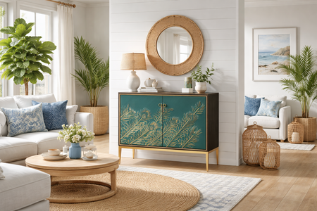 Komoda z turkusowym frontem i wytłoczonym wzorem pawich piór