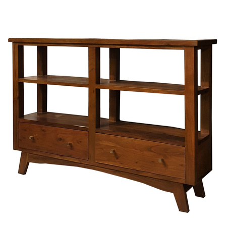 Konsola drewniana z półkami i szufladami 130 cm– walnut-orzech