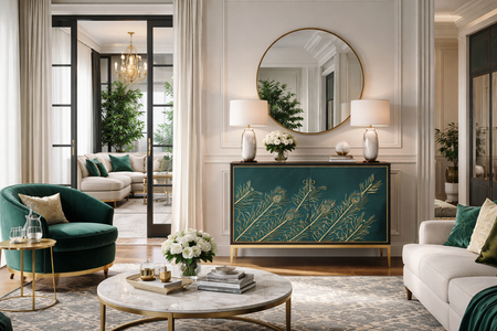 Komoda z turkusowym frontem i wytłoczonym wzorem pawich piór