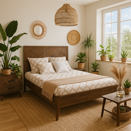 Drewniane łóżko 140 cm – styl vintage z intarsją
