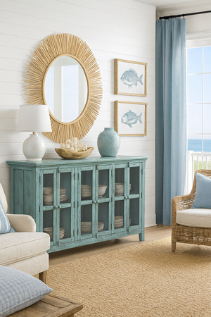 Drewniana komoda prowansalska przecierana z oszklonymi drzwiami - Avola