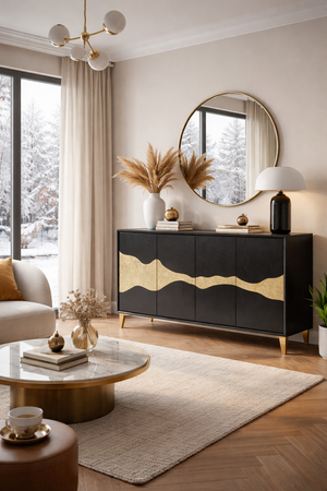 Elegancka komoda czarna z asymetrycznym wzorem - 150 cm