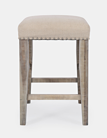 Loftowy stół barowy z 3 hokerami – naturalne drewno, beżowa tapicerka, styl vintage