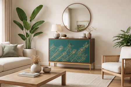 Komoda z turkusowym frontem i wytłoczonym wzorem pawich piór