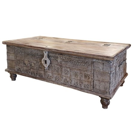 Indyjski kufer drewniany z metalowymi okuciami, bielona skrzynia 116 cm