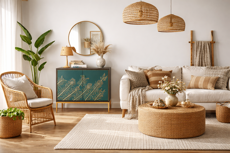 Komoda z turkusowym frontem i wytłoczonym wzorem pawich piór