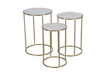 Okrągłe złote stoliki kawowe z marmurowym blatem – zestaw 3 sztuki